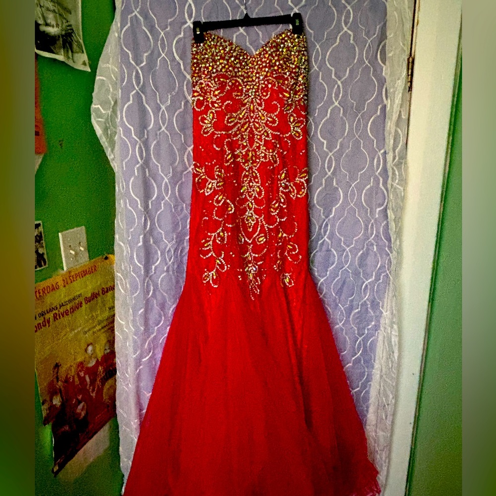 Red Beaded Strapless Gown missing a few  studs  on right top easy fix !